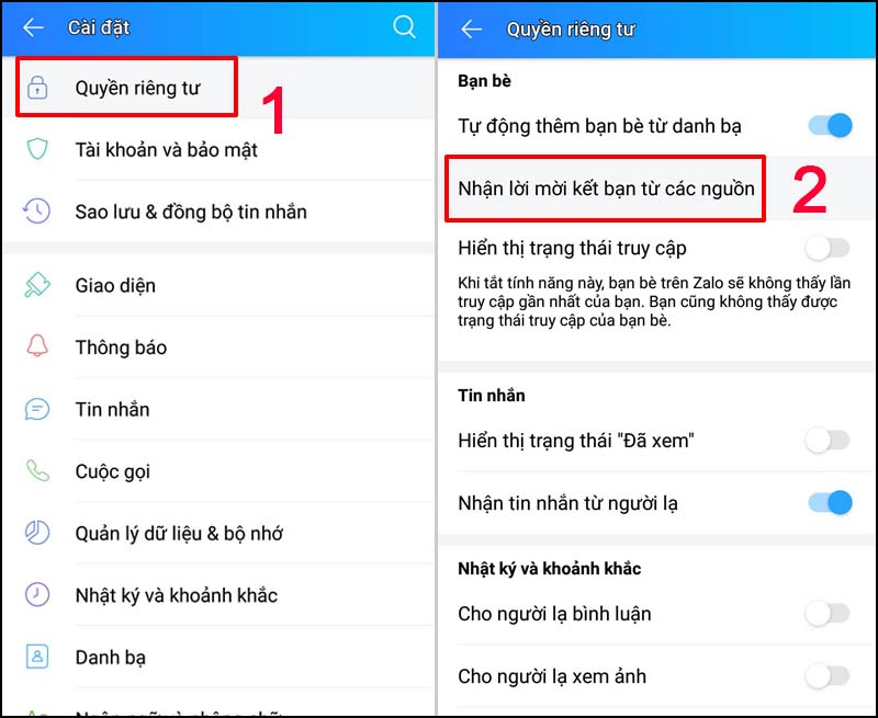 Điều chỉnh quyền riêng tư zalo