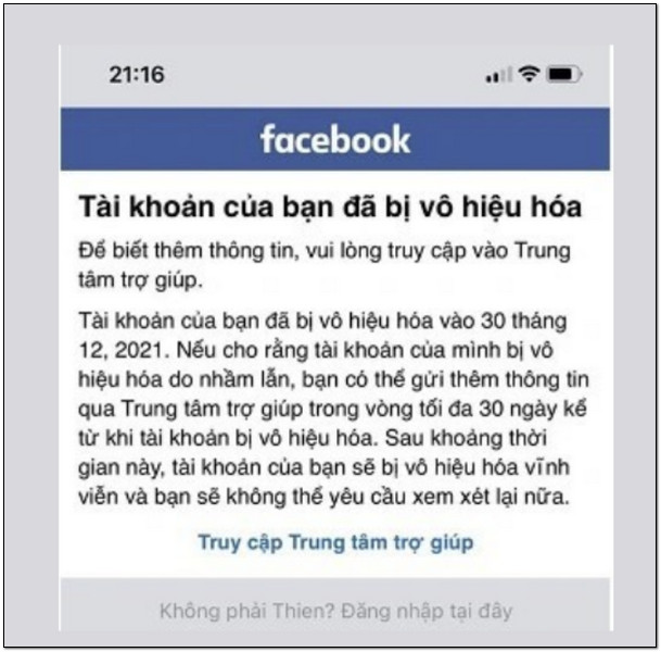 Thông báo tài khoản facebook bị vô hiệu hóa